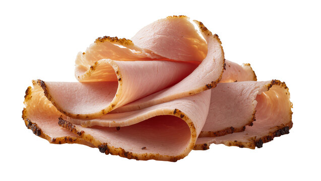 Thinly sliced deli ham with seasoned edges, isolated on transparent background