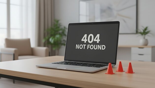 Laptop, 404 error message on screen, three orange cones on desk, modern home office, symbolizing website failure, error, and navigation issues