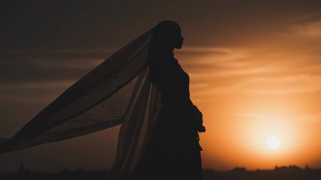 Silhouette of an Indian Bride Standing at Sunset During a Traditional Wedding