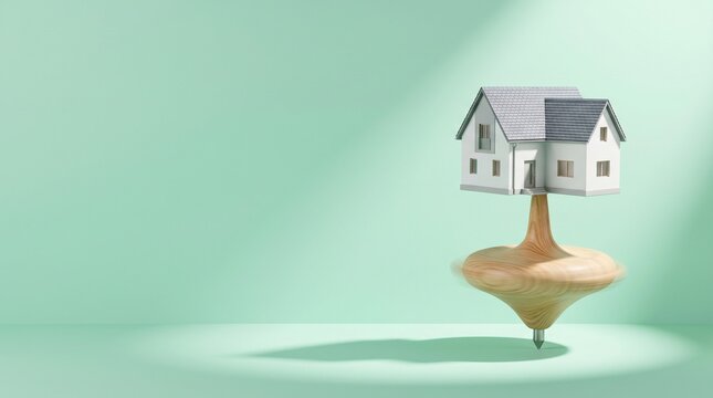 A surreal conceptual illustration of housing market volatility and financial instability, depicting a miniature home balanced on a spinning wooden top.
