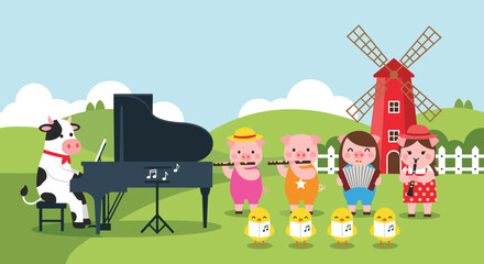 Fototapeta premium Talented farm animals including a cow, pigs, and chicks perform a musical concert in a green field with a red windmill and white fence.