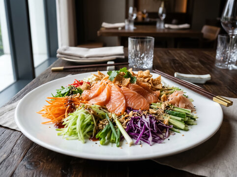 A beautiful plate of traditional Yee Sang prosperity toss salad, featuring raw salmon slices, shredded colorful vegetables, and crispy toppings.