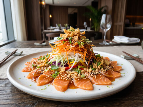 A beautiful plate of traditional Yee Sang prosperity toss salad, featuring raw salmon slices, shredded colorful vegetables, and crispy toppings.
