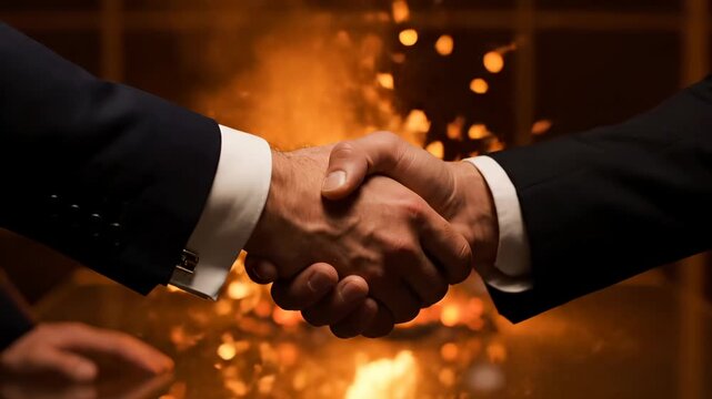 Business handshake creates sparks and fire during partnership deal. Powerful handshake with fire effects shows success. Business partners shake hands with sparks. Deal creates fire effects.
