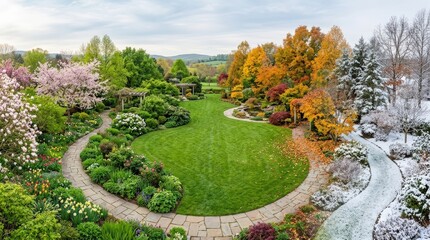Fototapeta premium Panoramic garden landscape blending four seasons in one scene