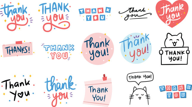 Bright, playful "thank you" designs in various styles. Soft pastel and bold colors fill the frame. Hand-drawn elements add charm and warmth. Perfect for cards,