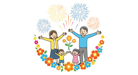 Fototapeta premium Happy family of four stands with their arms raised in joy surrounded by a circle of colorful flowers and vibrant fireworks in the sky.