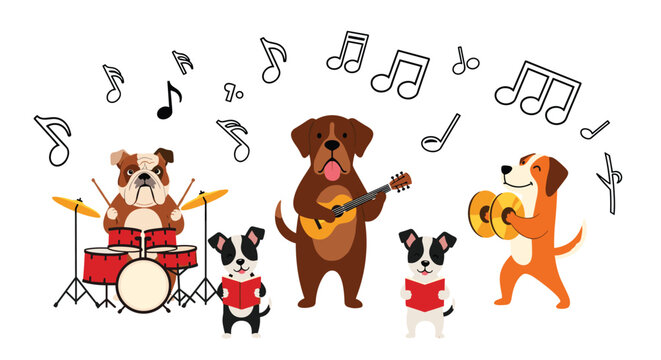 Fun band of dogs including a bulldog, St. Bernard, and puppies perform music with drums, guitar, and cymbals under floating music notes.