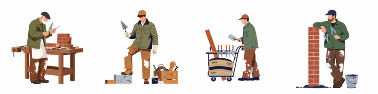 Set of professional masons and bricklayers working with tools and building materials in various construction scenes, isolated vector illustrations on white background.