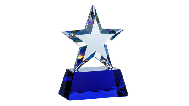 Clear crystal star award on blue base, isolated on transparent background