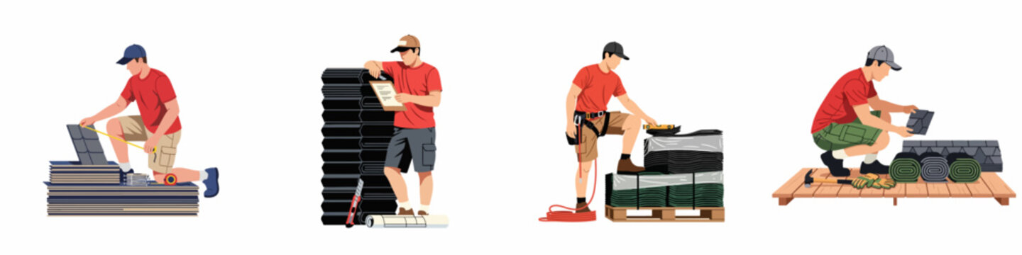 Vector illustrations of professional roofers working with asphalt shingles, measuring, inspecting documents, and preparing for residential roofing construction and installation projects.