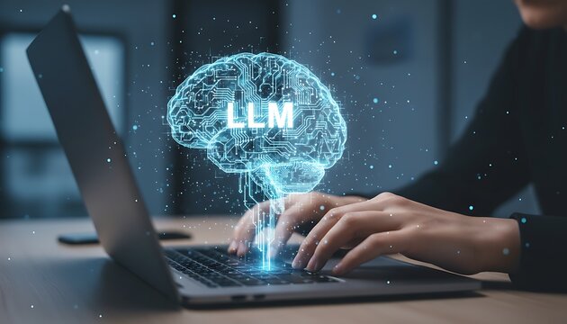 Person typing on laptop with glowing blue circuit brain and LLM abbreviation, symbolizing artificial intelligence and machine learning for technology and innovation
