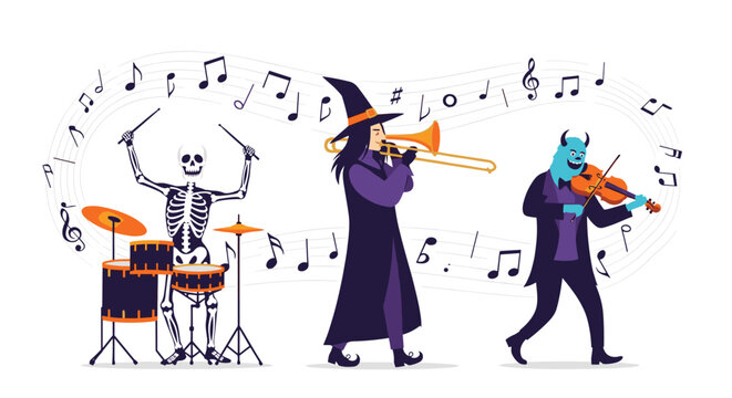 Spooky band featuring a skeleton drummer, a witch playing trombone, and a blue monster on violin performs under swirling musical notes.