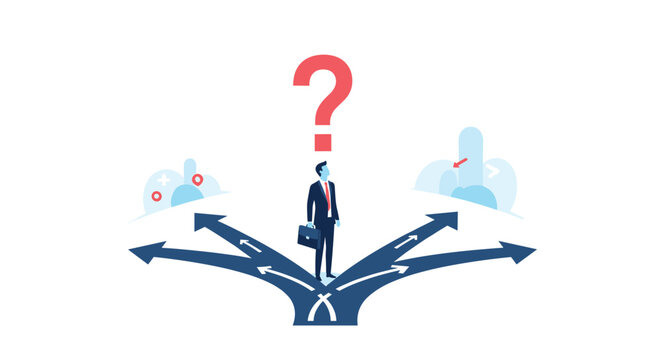 Businessman in a suit stands at a three-way junction with a large question mark above him while contemplating his next professional career move.