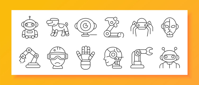 Robotics technology set icon. Line icons depict humanoid robot, robotic dog, smart camera, robotic arm, spider robot, android head, industrial manipulator, vr headset user, robotic hand