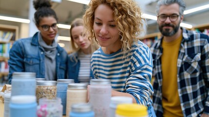 Fototapeta premium Educator guiding group in plastic reduction workshop at library table