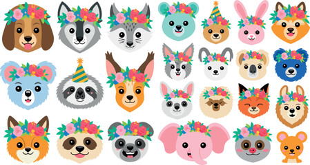 Fototapeta premium Cute cartoon wild animals wearing flower crowns and party hats set collection isolated on white background vector