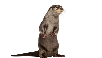 Small Asian otter standing upright looking curiously, isolated on transparent background © Marta