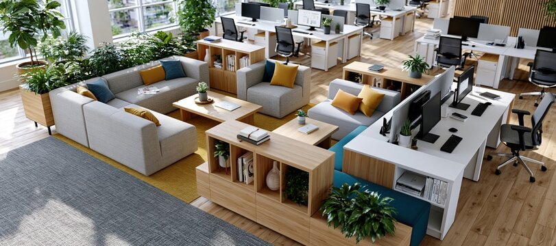 Modern open - plan office with breakout zone, plants, empty desks, and wellness corner
