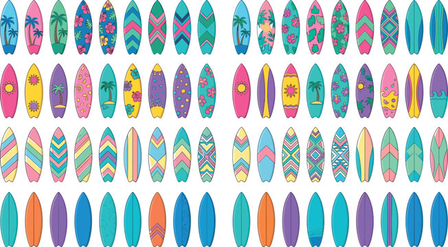 Colorful Surfboard Pattern Collection with Tropical Beach Designs, Summer Ocean Sports Illustrations, and Decorative Hawaiian Surf Vector Elements