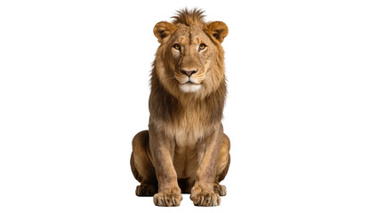 Majestic male lion with full mane sitting regally, isolated on transparent background © Marta