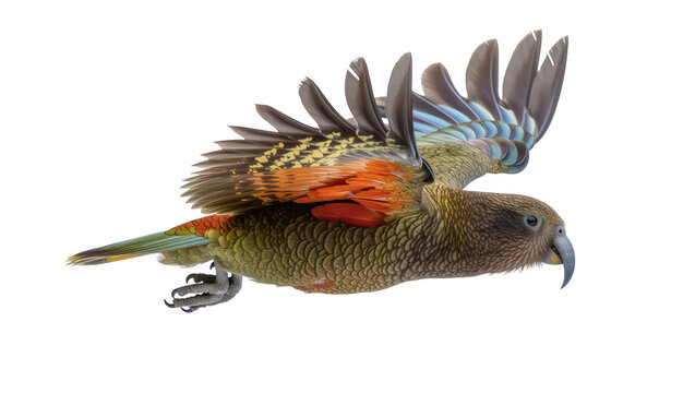 Kea parrot with spread wings in flight, isolated on transparent background