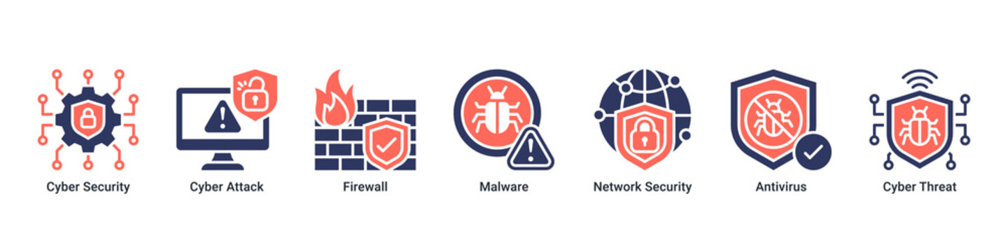 Cyber Defense web banner icon vector illustration with icons of Cyber Security, Cyber Attack, Firewall, Malware, Network Security, Antivirus and Cyber Threat
