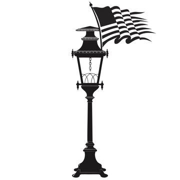 Vintage street lamp silhouette with waving American flag, antique gas lantern post vector, patriotic historical street light icon for July 4th