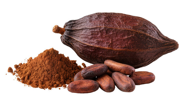 Dark brown cocoa pod pile of cocoa powder and roasted cocoa beans, isolated on transparent background