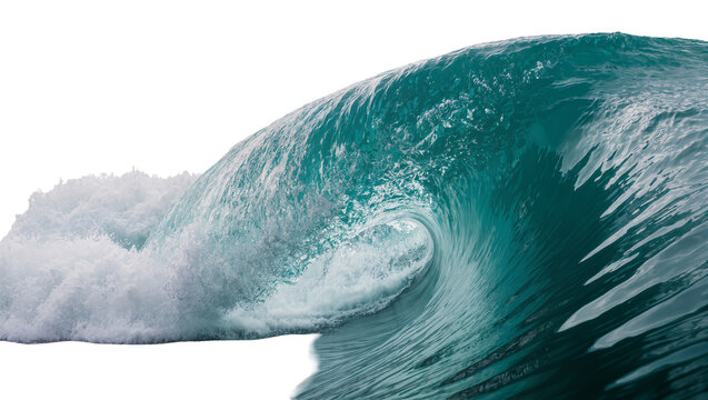 Crashing turquoise ocean wave with white foam, isolated on transparent background
