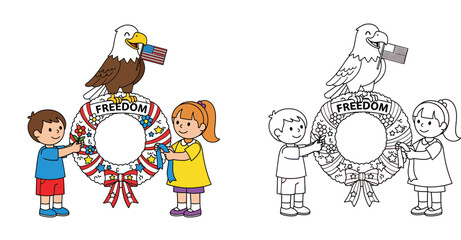 Fototapeta premium Children Honoring Freedom Wreath with Eagle and Flag - Patriotic Coloring Page