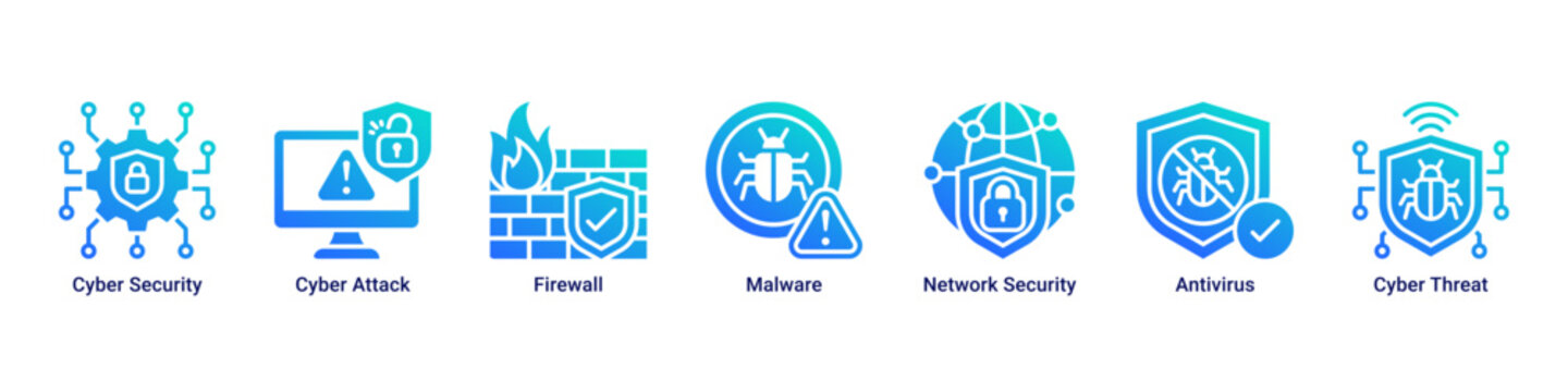 Cyber Defense web banner icon vector illustration with icons of Cyber Security, Cyber Attack, Firewall, Malware, Network Security, Antivirus and Cyber Threat