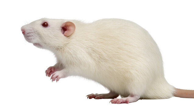 Albino laboratory rat with pink eyes and ears, isolated on transparent background