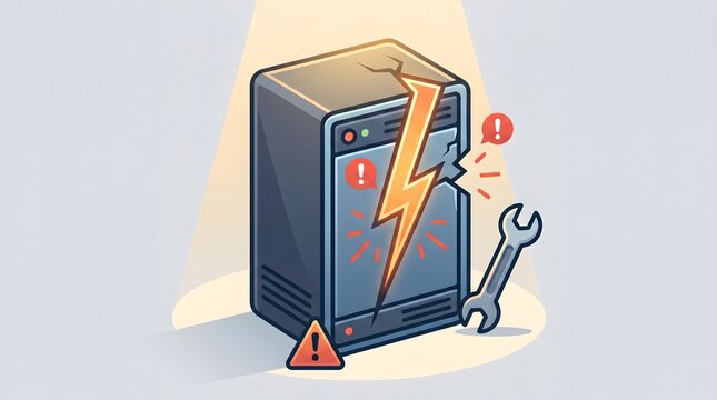 Computer server tower suffers from a critical hardware failure represented by a jagged lightning bolt and warning icons in this illustration.