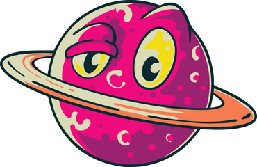 Hand-drawn pink alien planet character with expressive eyes, speckled texture and orange orbiting ring, isolated on white for sci-fi, fantasy, space mascot, and game themes © Galih