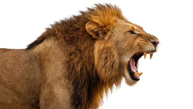 Majestic male lion roaring with open mouth and sharp teeth, isolated on transparent background