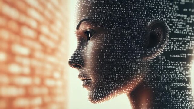 Female AI Robot Face With Data Network Visualization