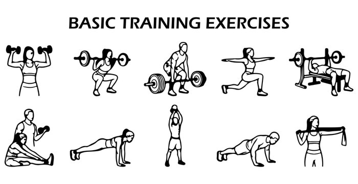 Basic Training Exercises Vector Icon Set, Gym Workout and Fitness Poses Bundle with Dumbbell Squat, Deadlift, Bench Press and Plank Line Art Illustrations