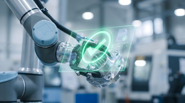 Robotic arm operates within a modern factory to ensure high precision assembly while displaying a digital checkmark for quality.