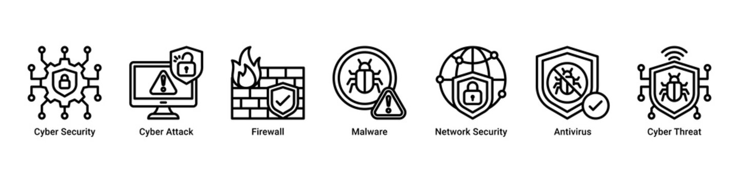 Cyber Defense web banner icon vector illustration with icons of Cyber Security, Cyber Attack, Firewall, Malware, Network Security, Antivirus and Cyber Threat
