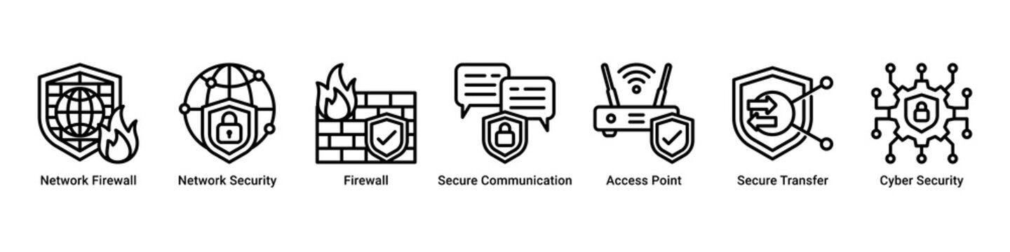 Secure Network web banner icon vector illustration with icons of Network Firewall, Network Security, Firewall, Secure Communication, Access Point, Secure Transfer and Cyber Security