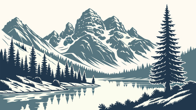 Vector illustration of a snowy mountain range and pine forest landscape at a lake with mountain, landscape