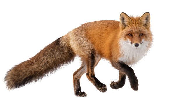 Red fox with bushy tail and white chest, isolated on transparent background