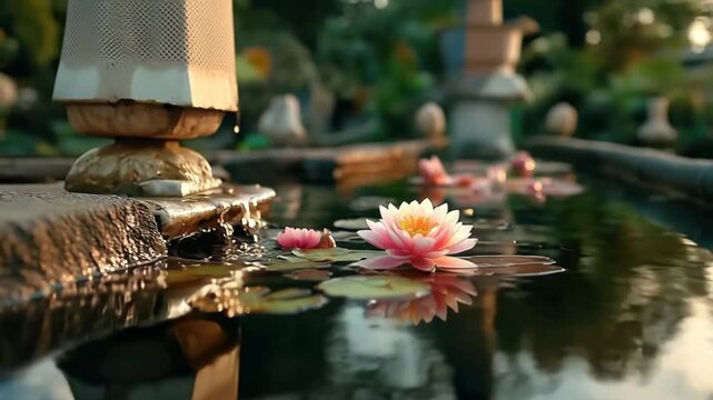 Pink Lotus Flower Floating in Tranquil Temple Pond