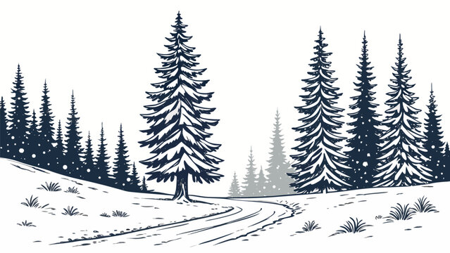 Vector illustration of pine tree forest landscape in winter covered with snow landscape evergreen woodland