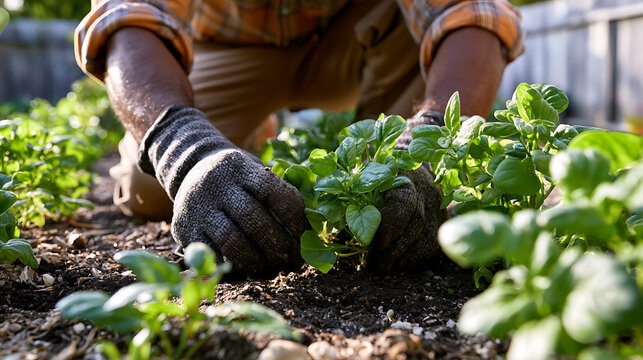 Un homme jardine dans un potager lors d'une journ&eacute;e ensoleill&eacute;e dans une zone r&eacute;sidentielle