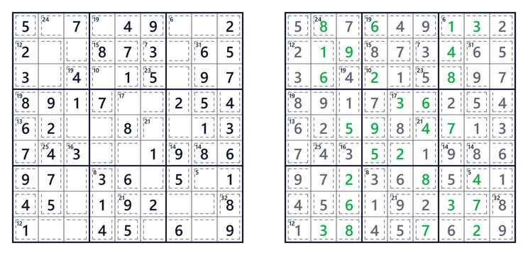 Sudoku solution page. Killer. Level easy with filled numbers displayed. For a book of Japanese Sudoku puzzles 