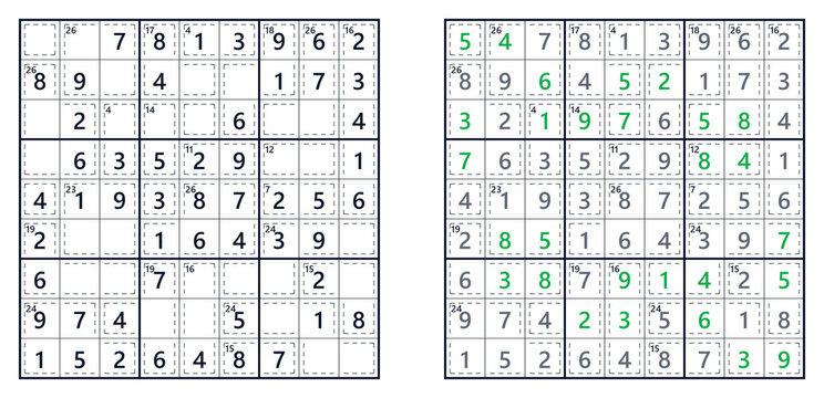 Sudoku solution page for Killer puzzle at easy level. For a book of Japanese Sudoku puzzles  