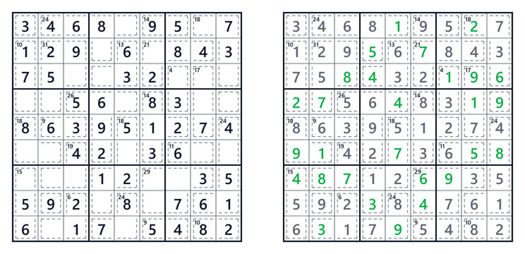 Sudoku solution page for Killer level easy with filled numbers. For a book of Japanese Sudoku puzzles 