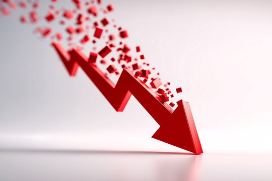 Red arrow shows decline with cubes falling down on light background